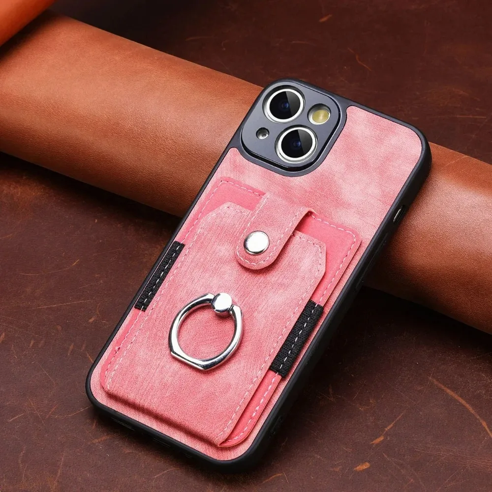 Magnetic Finger Ring Holder Phone Case with Wallet Card Slot and PU Leather Cover