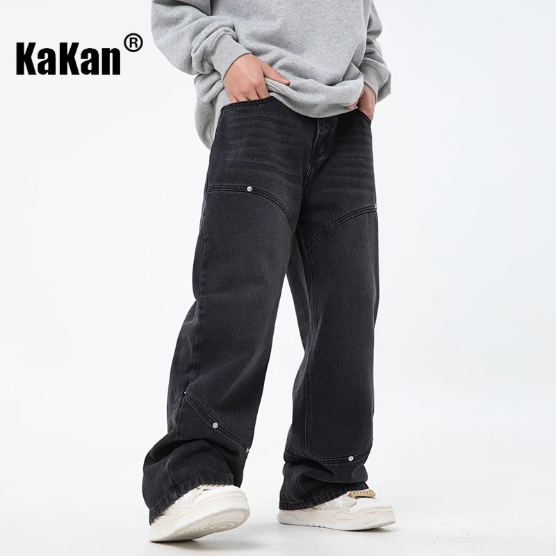 Kakan - European and American New Split Spliced Jeans Men's Wear, Black Blue Washed Loose Pants Jeans K88-L2270