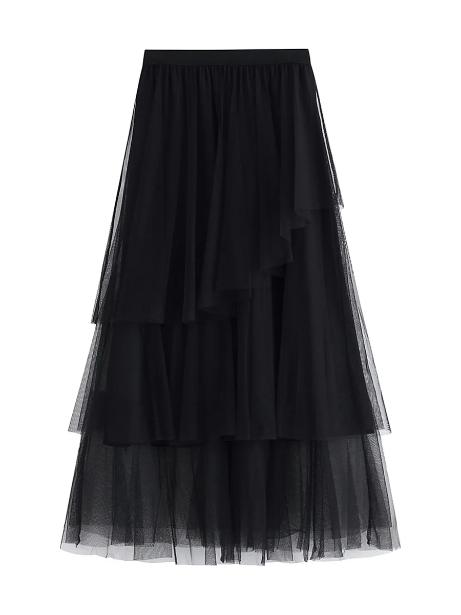 

Women Long Tulle Skirt Summer High Waist Skirts Elegant Elastic Waist See Through Black Maxi Tulle Lace Long Skirts