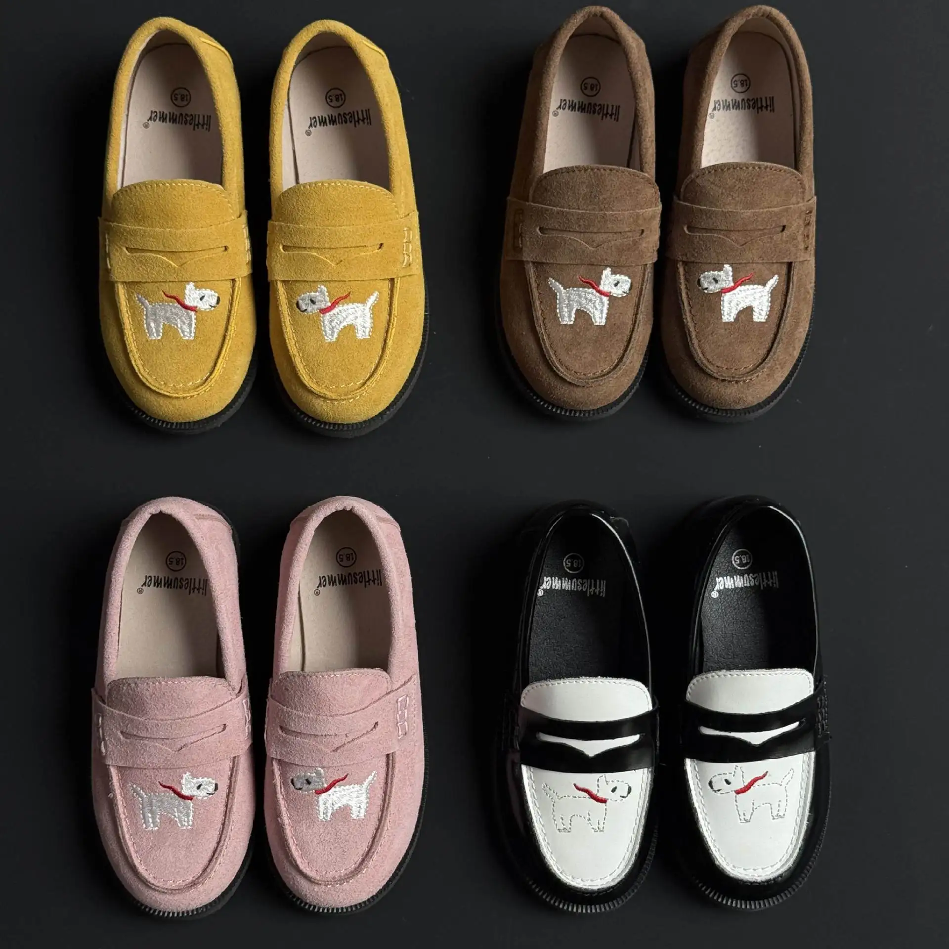 Genuine Leather Girls Leather Shoes Fashion Embroidery Puppy Cowhide Children's Loafers Spring Kids Boys School Shoes