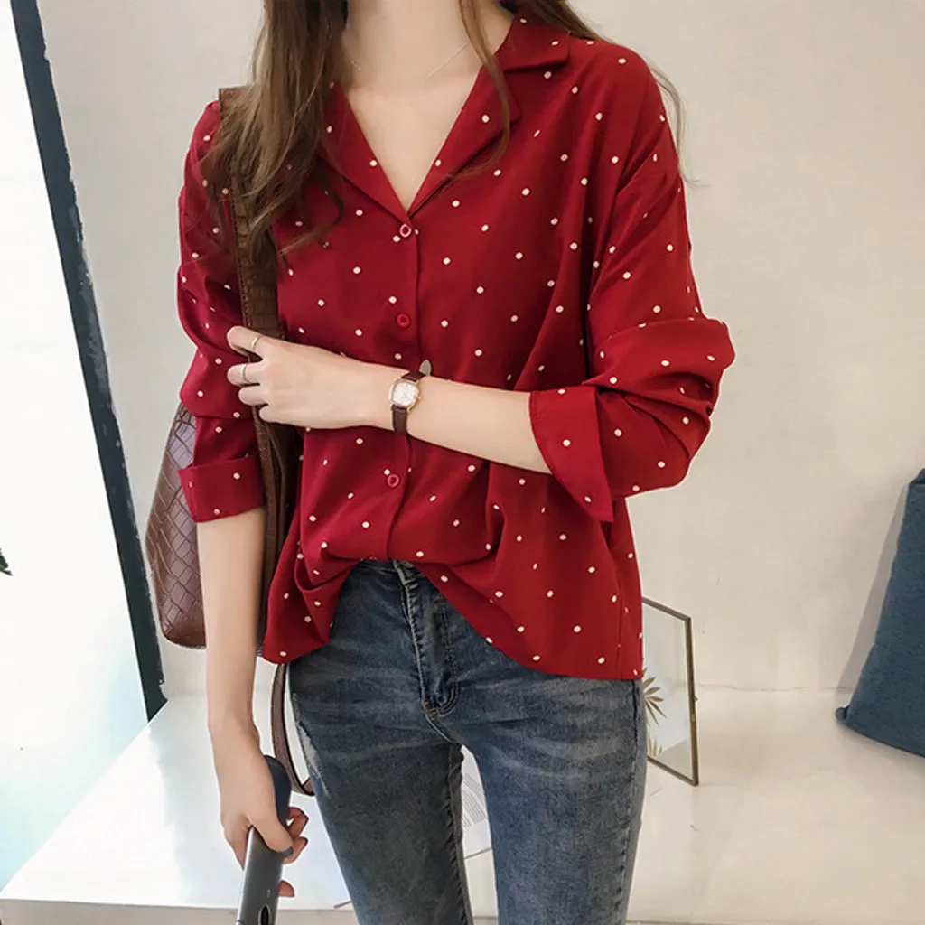 

2024 Summer Women Tops Casual V-Neck Long Sleeves Blouses Summer Office Chiffon Polka Dots Shirt Womens Tops And Blouses