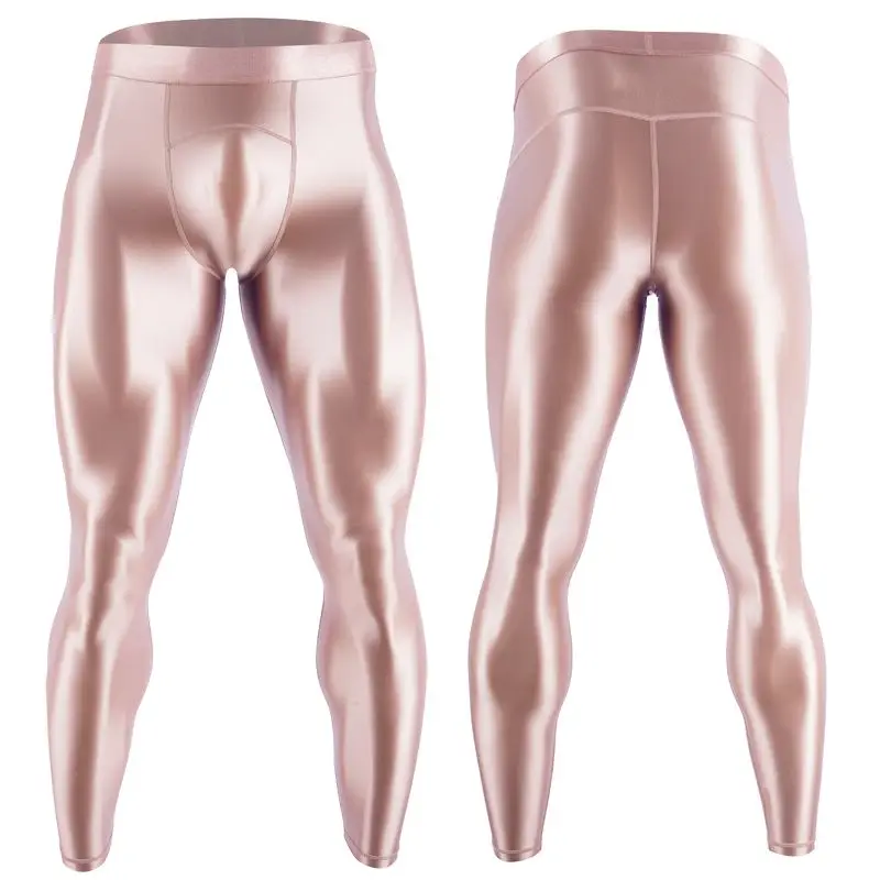 Mens Sports Pants Glossy Satin Men Leggings High Waist Smooth Skinny Pants Sports Tights Quick-drying Outdoor Fitness Gym Trousers