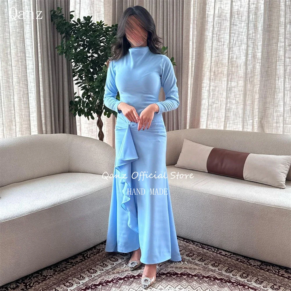 

Qanz Sky Blue High Neck Evening Dresses Long Sleeves Mermaid Arabic Prom Dress Satin Floor Length Formal Occasion Dresses 2024
