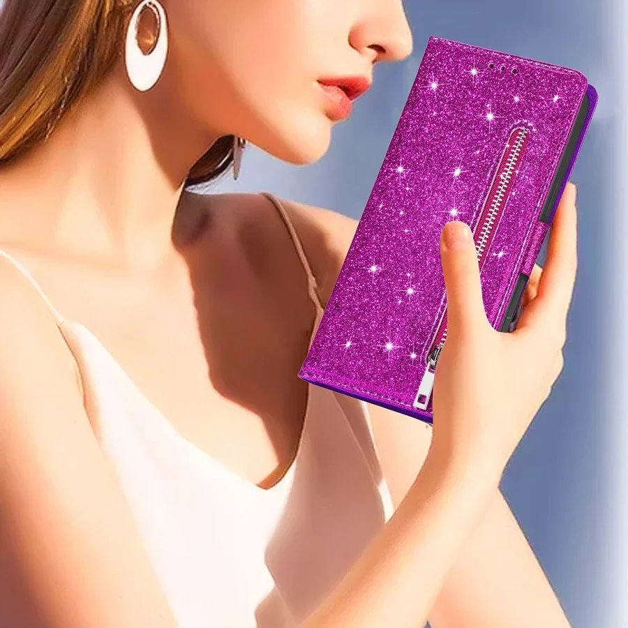 Glitter Zipper Card Slot Magnetic Flip Leather Wallet Case