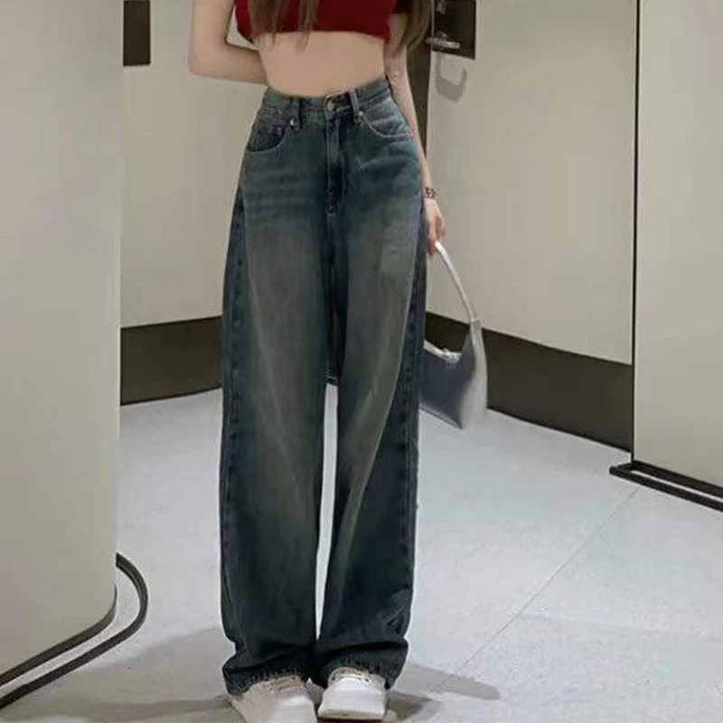 Biyaby 여성용 빈티지 블루 와이드 레그 청바지, Y2K 하이 스트리트, 루즈 데님 스트레이트 팬츠, 한국 하이 웨이스트, 헐렁한 바지