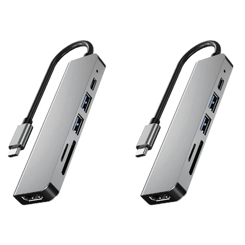 

2X 6 In 1 USB Type C Hub Adapter With 4K 30Hz -Compatible Multiport Card Reader USB3.0 TF PD Video Multi Ports
