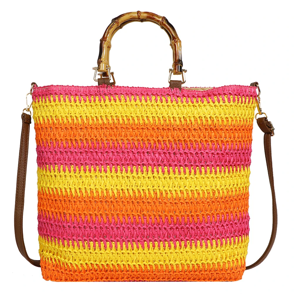 Borse da donna con coulisse intrecciate a mano borsa a tracolla da donna in tessuto di paglia di grande capacità con manico in bambù - immagine 3