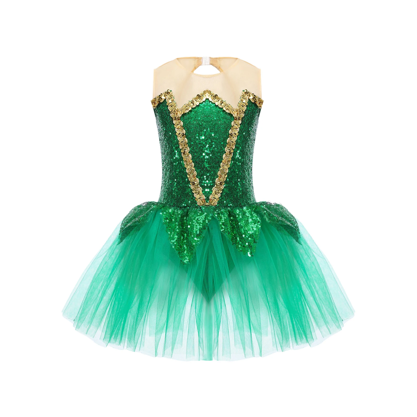 Girls Ballet Dance Dress Green Sequins Halloween Elf Mesh Tutu Gymastics Leotard Figure Skating Modern Dance Performance Costume