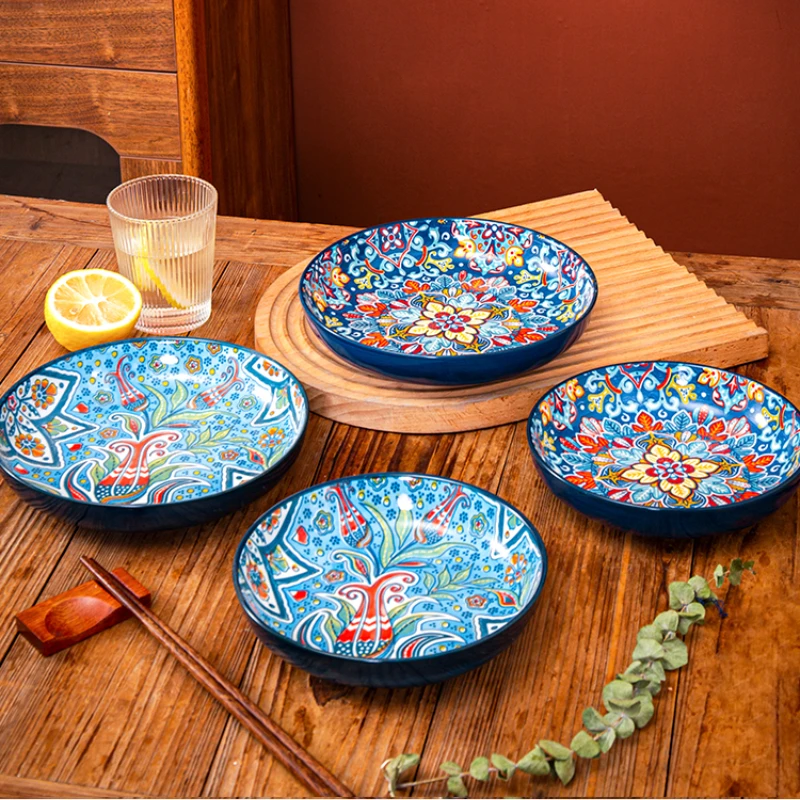 7/8inch Bohemian Ceramic Underglaze Colour Plate High Appearance Level Home Creative Dish Plate Fruit Steak Round
