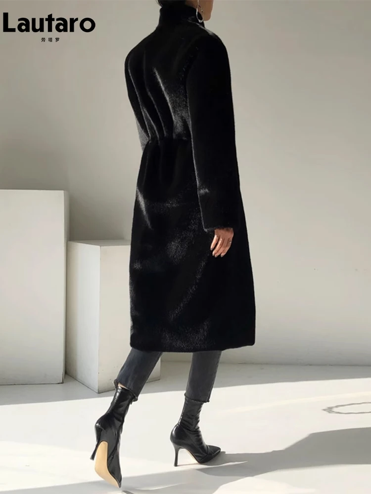 Lautaro Winter Long Black Luxury Elegant Stylish Thick Warm Fluffy Hairy Soft Faux Mink Fur Coat Women Stand Collar Sashes 2023 4