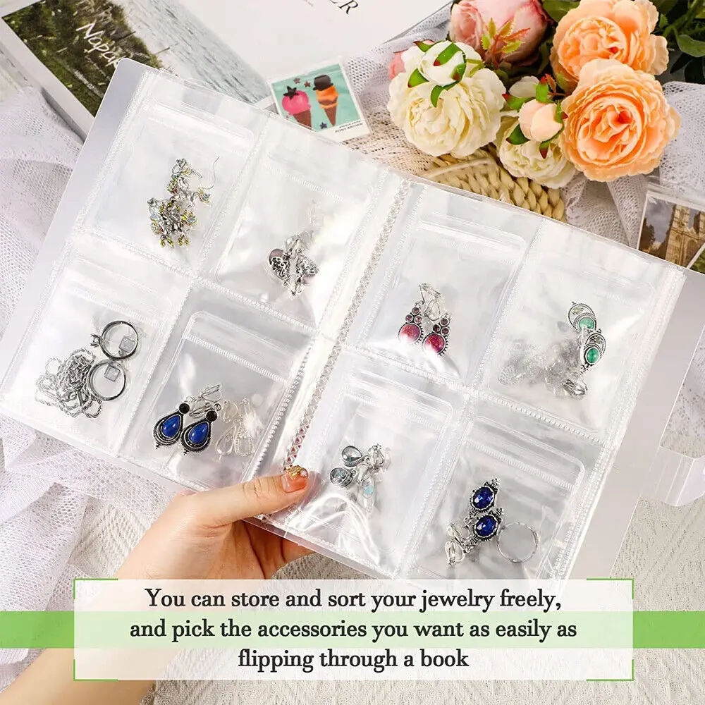 160 Grids Jewelry Storage Book with Button Earrings Necklace Ring Organizer  PVC Transparent Frosted Anti-oxidation Sealing Bags