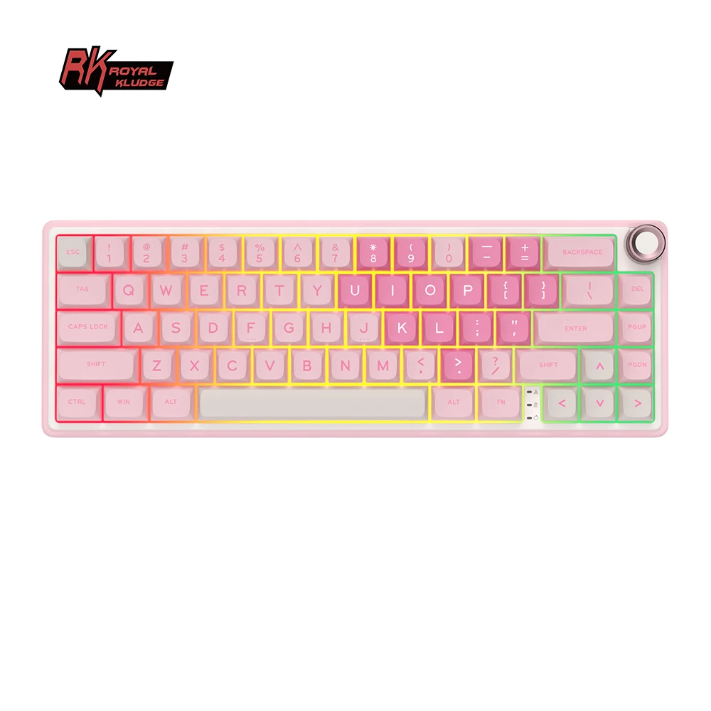 Royal Kludge RKR65 핑크 유선 기계식 키보드 65% 66 키 MDA PBT 키캡 RGB 백라이트 핫스왑 가능 게이머 키보드 금속 손잡이