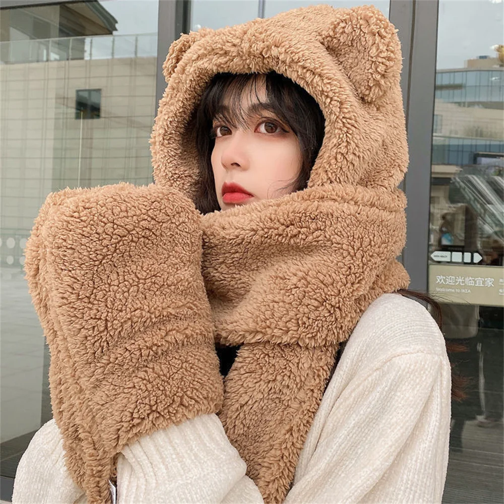 

New Cute Bear Ear Hat Scarf Gloves Set Winter Women Beanies Caps Warm Casual Plush Hats Casual Solid Fleece Girl Kawaii Present