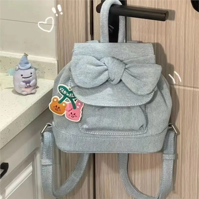 JIAERDI Sweet Bow Denim Backpacks Women New Retro Travel Harajuku Pocket Mini Backpack Student Vintage Y2k Mochila Aesthetic