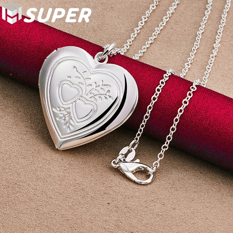 

925 Sterling Silver Love Heart Photo Frame Pendant Necklace 16-30 Inch Chain For Women Man Wedding Party Charm Jewelry