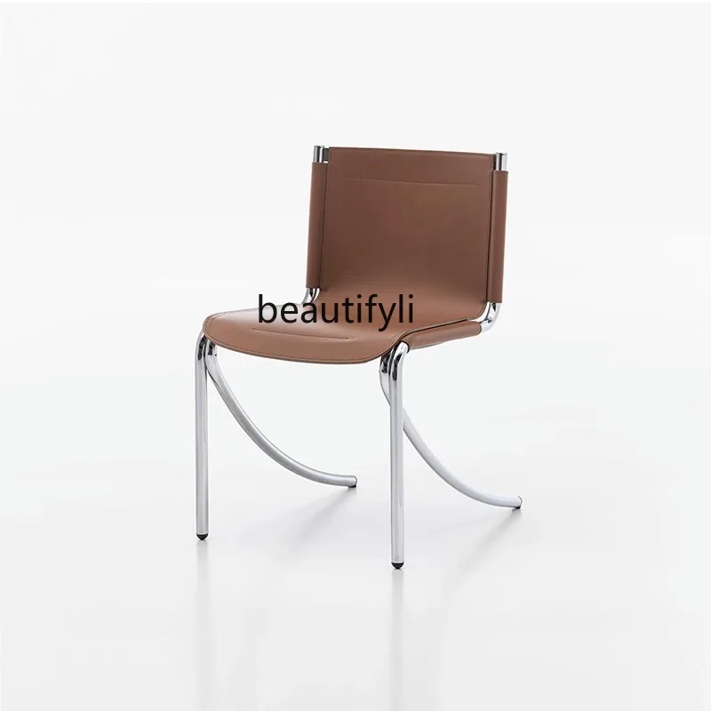 

T Dining Chair Study Chair Italian Minimalist Steel Tube Chair Saddle Leather