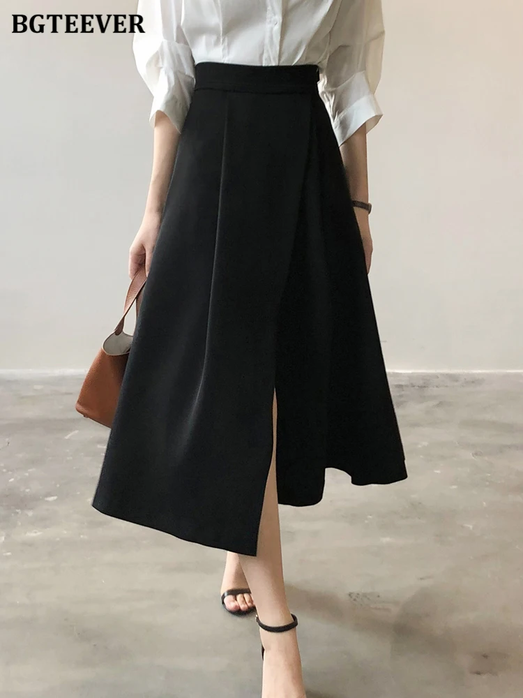 BGTEEVER Elegant High Waist Split Mid Length Skirts for Women Spring