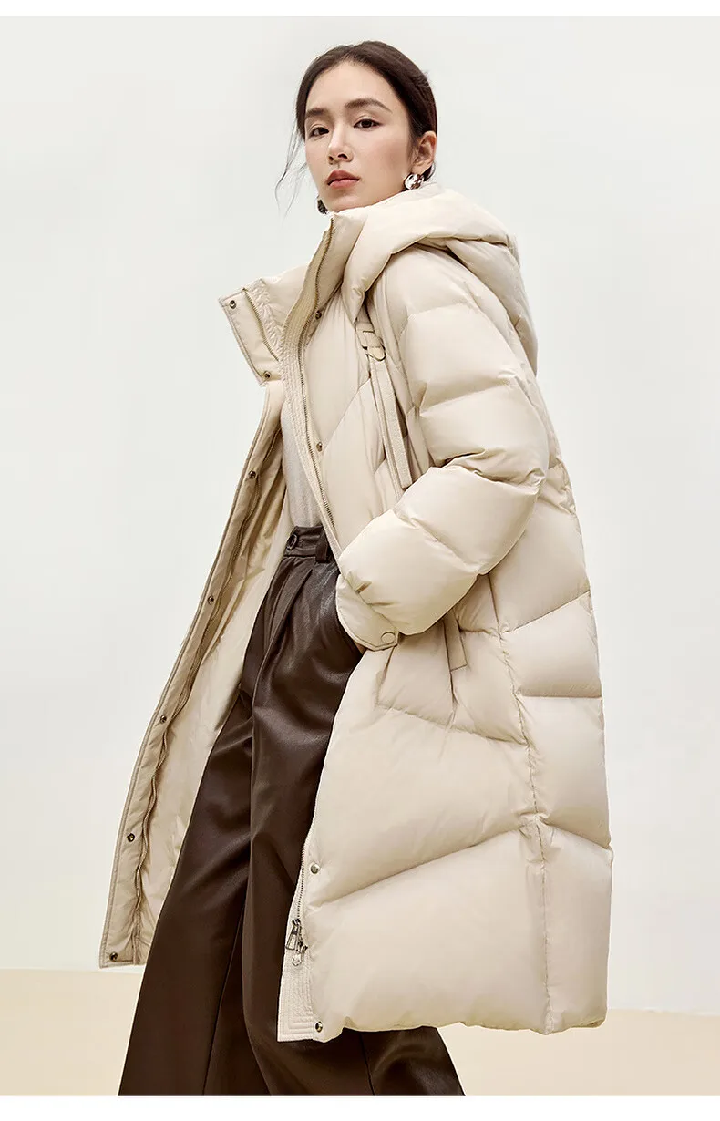 SENTUBILA Winter Long Down Coat Women 2024 Korean Over`sized Hooded Zipper White Duck Down Jackets Parkas Outerwears W44Y55972