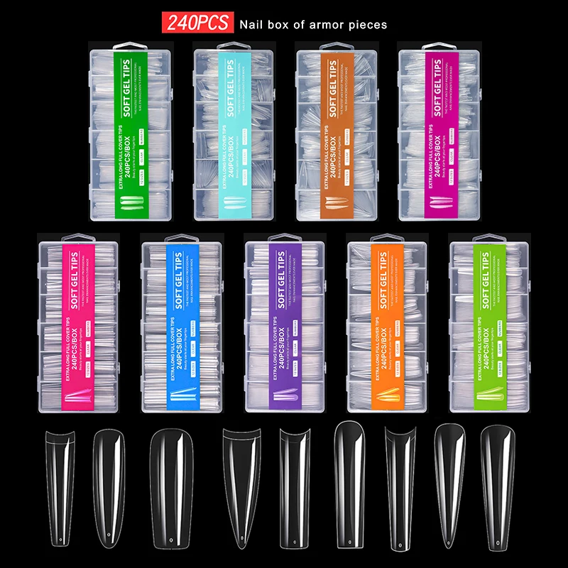 240Pcs C Curve False Nail Tips Xxl Extra Long Square Unghie Finte Acriliche French Full Cover Punte In Gel Morbido Trasparente Strumenti Per Saloni