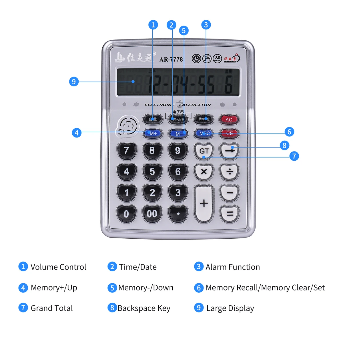 Musical Desktop Calculator 12-Digits LCD Display Electronic Calculator Counter with Music Piano Play Time Date Show Alarm Clock — view 5