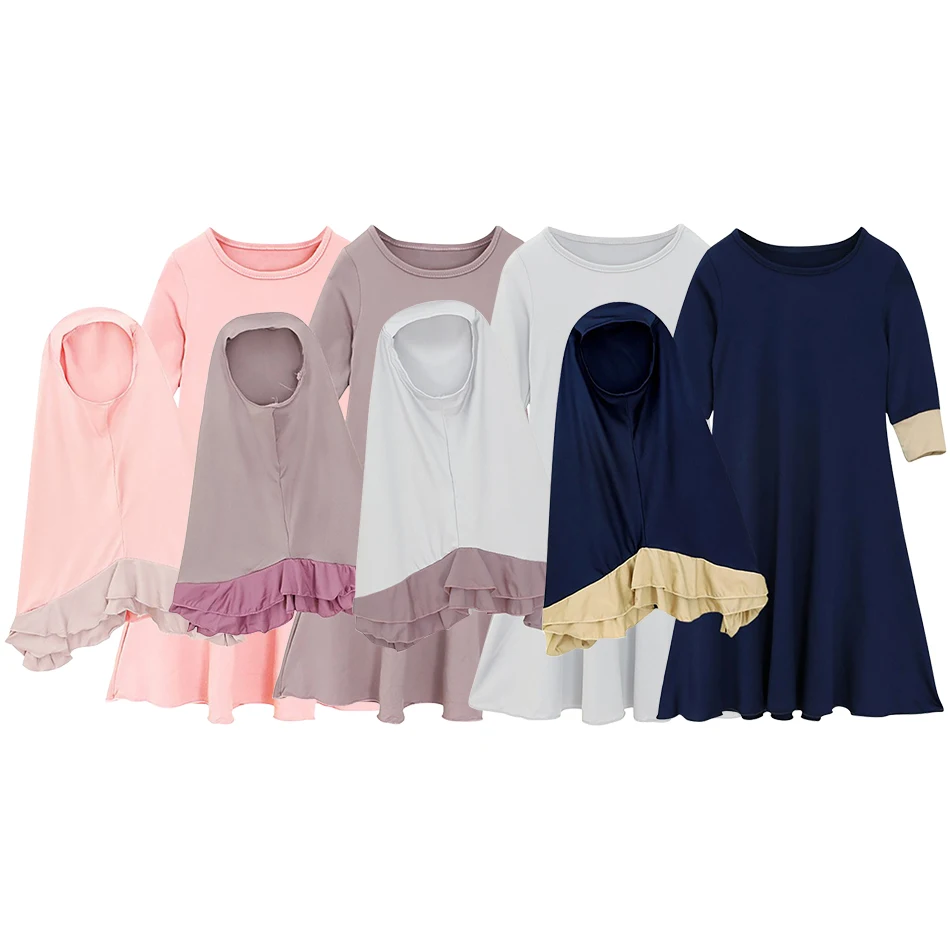 

Islamic Girls Long Sleeve Color-Mixed Dress with Tiers and Bow Headscarf Elegant Spring Autumn Two-Piece Children Clothing Set