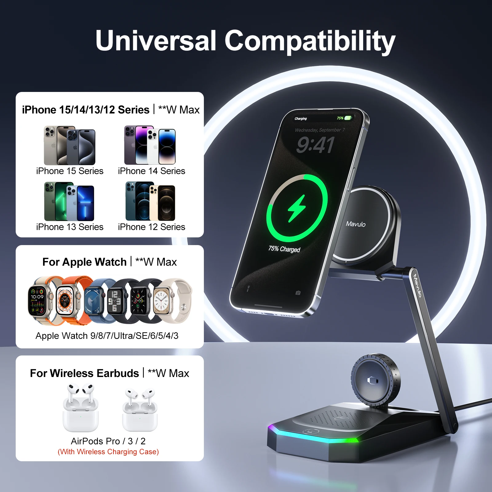 Foldable 3 in 1 Charging Station for iPhone 16 15 14 13 12 Pro Max Fast Wireless Charger Stand for Apple Watch,AirPods Series - Image 6