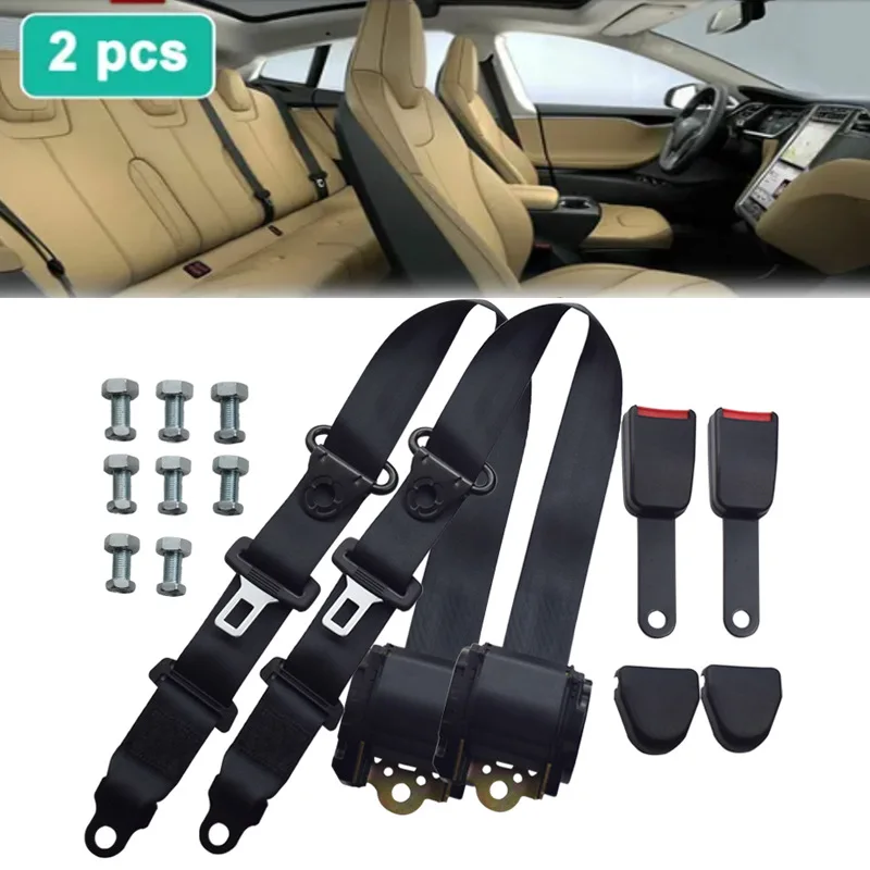 

2pcs Safety 3 Point Retractable Car Automatic Seat Lap Belt Clip Extender Adjuster Locking For Sedan Truck Bus Van Universal