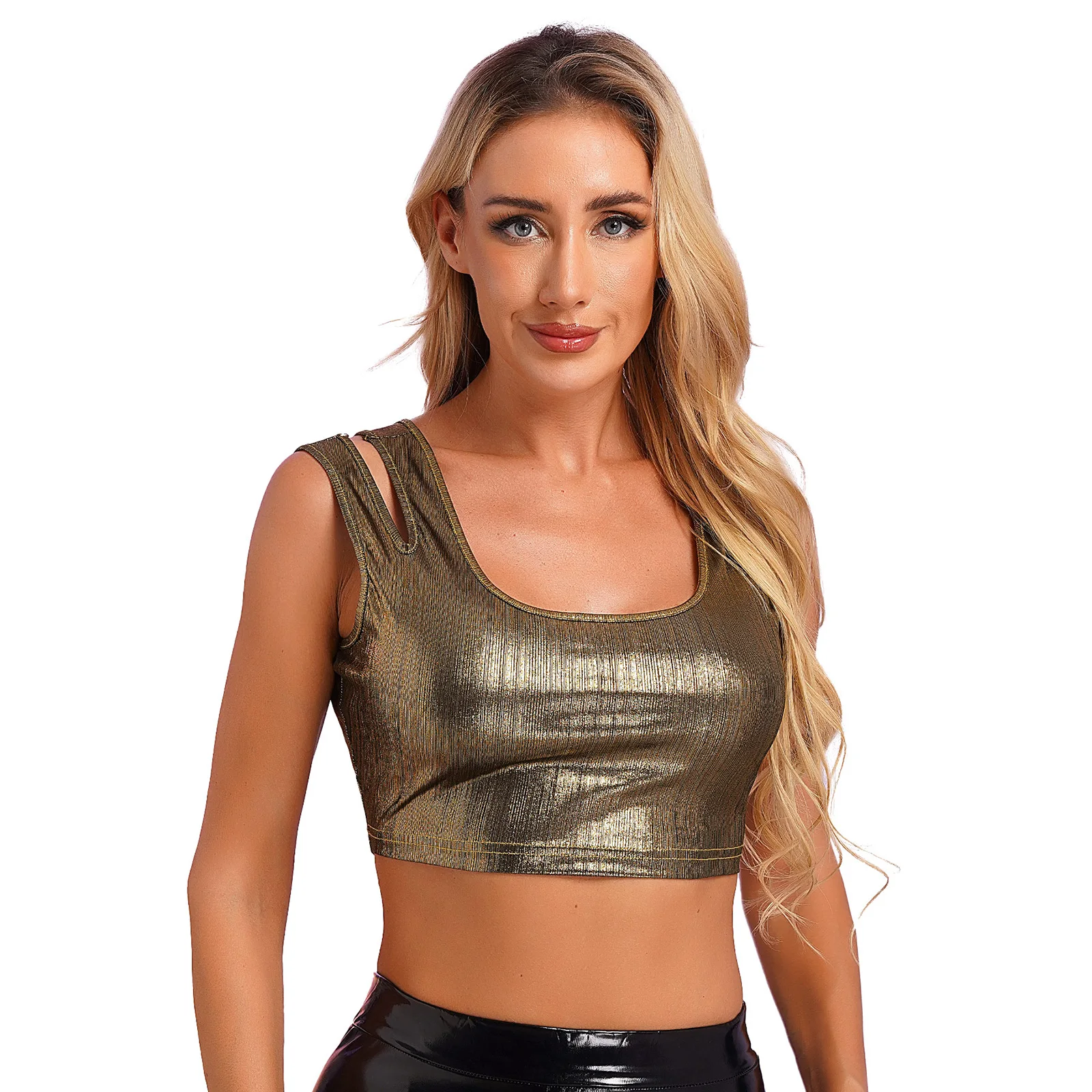 thumbnail image 1 of Top plateado sexi para mujer, Top bajo con cuello en U, Top corto ajustado con correas dobles, ropa para discoteca, fiesta de baile, Jazz, discoteca, Top metálico brillante para el vientre, 1 of 5