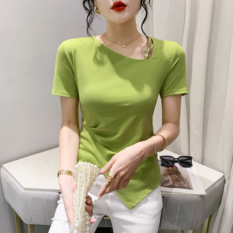 

2023 New Summer Korean Clothes Cotton T-Shirt Chic Sexy Skew Collar Draped Hollow Out Elegant Women Tops Short Sleeve Tees 34133