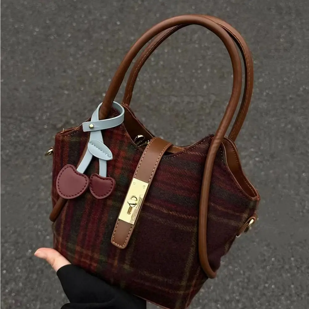 Solid Color Single Shoulder Bag Temperament PU Cherry Pendant Wool Fabric Tote Bag Plaid Woolen Fabric Crossbody Bag Girls
