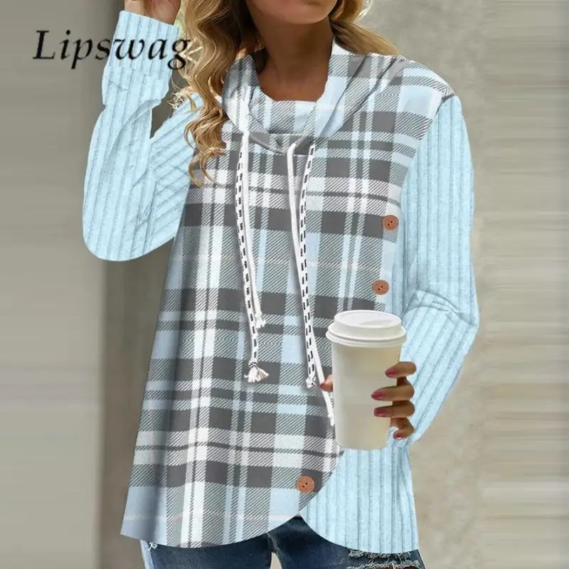 

2023 All-match Women O Neck Drawstring Button Pullover Autumn Long Sleeve Hooded Sweatshirt Casual Plaid Patchwork Ladies Tops