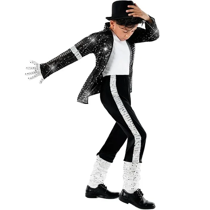 Boy Michael Jackson Billie Jean Cosplay Black Suit Dance Disco Halloween Fancy Dress Up 80s Pop King Costume for Kids2&jN Cosshe