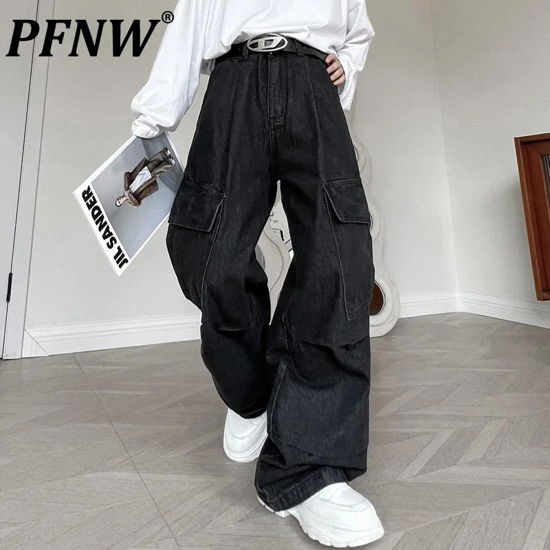 

PFNW Large Pockets Men's Jeans Patchwork Wide Leg Male Denim Pants Casual Solid Color Baggy Men Trousers Spring New Chic 9C1872