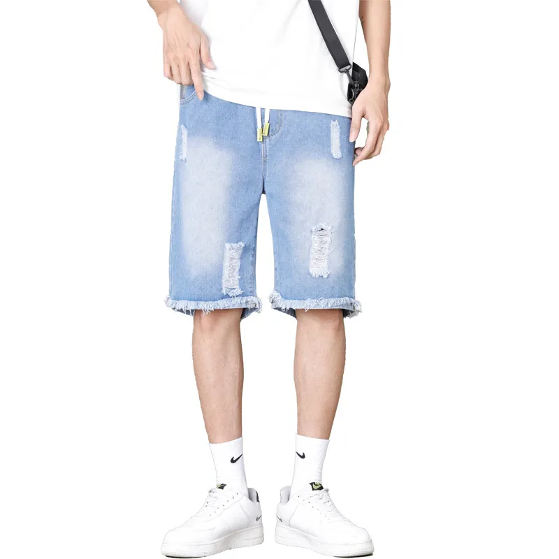 

Summer Denim Shorts Men Knee Length Solid Cotton Straight Casual Five Point Jeans Loose Bermuda Jeans Short Pants Mens Clothing