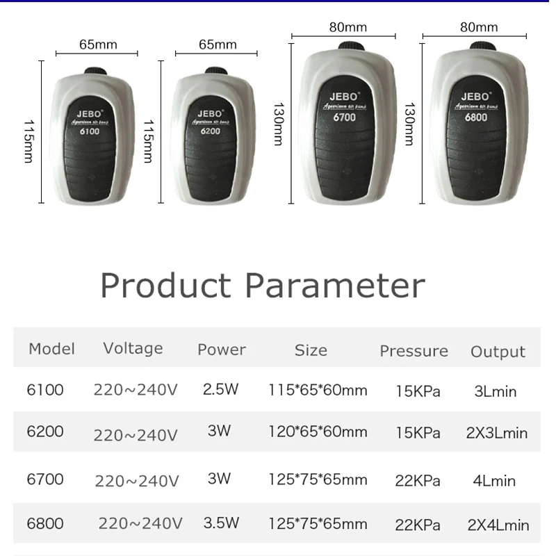 JEBO Aquarium Air Pump Adjustable Air Volume Compressor Oxygen Airpump Single & Double Outlet 220-240V Low decibel