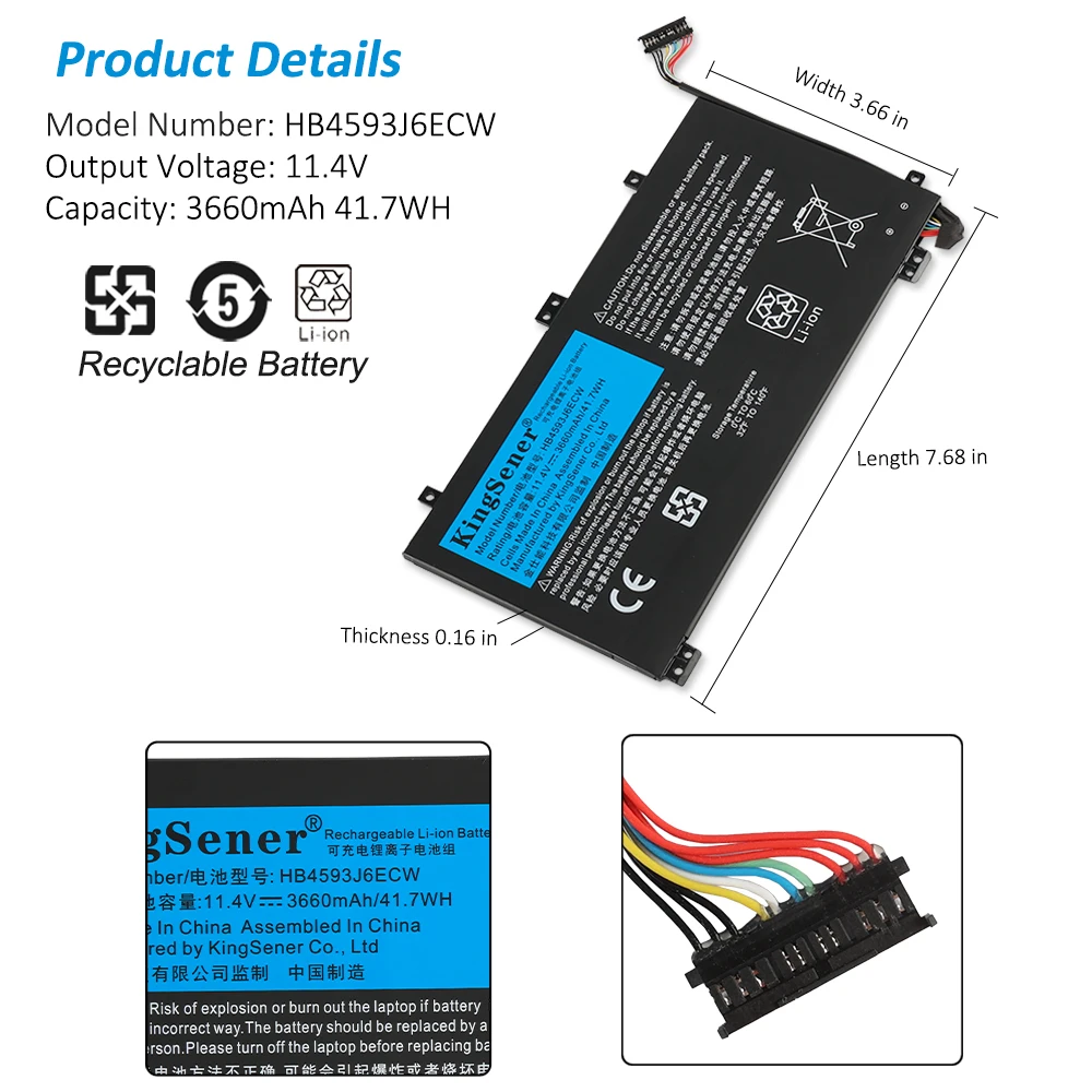 Kingsener-bateria para Huawei Matebook 13 Hb4593j6ecw Wt-w19 Wx9 W29 i7 Hn-w19l W19r Wrt-w09 W19l Notebook 11.4v 3660mah - Imagem 5