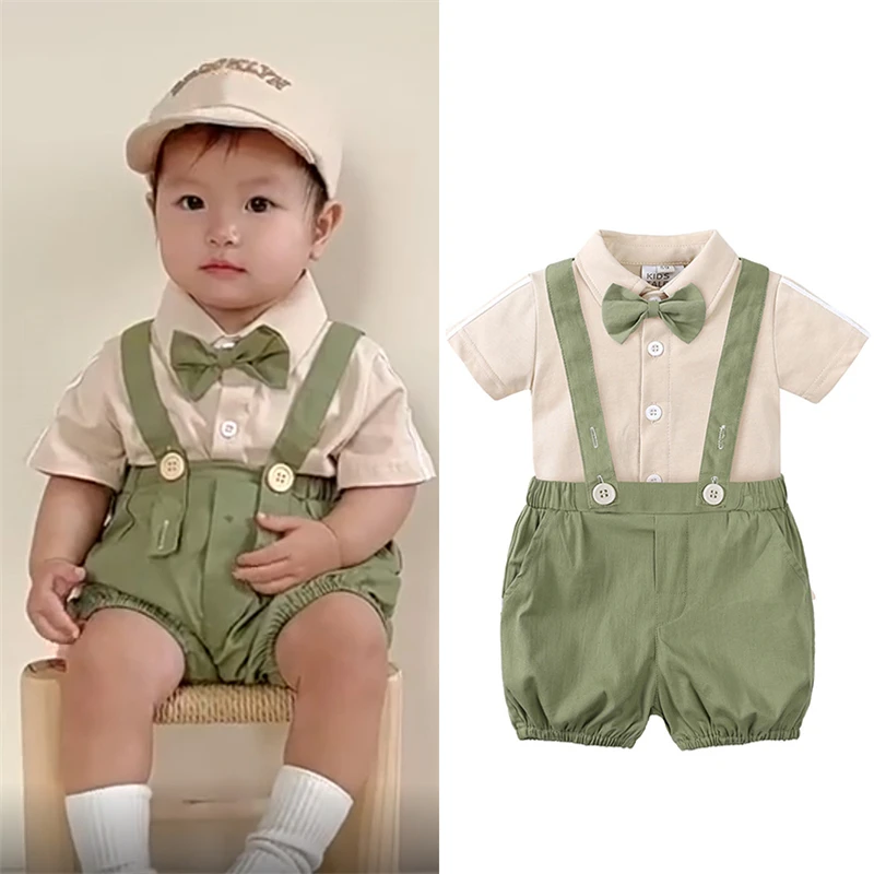 

Baby Boy Clothes Summer Gentleman Birthday Suits Newborn Party Dress Soft Cotton Solid Rmper + Belt Pants Infant Toddler Set