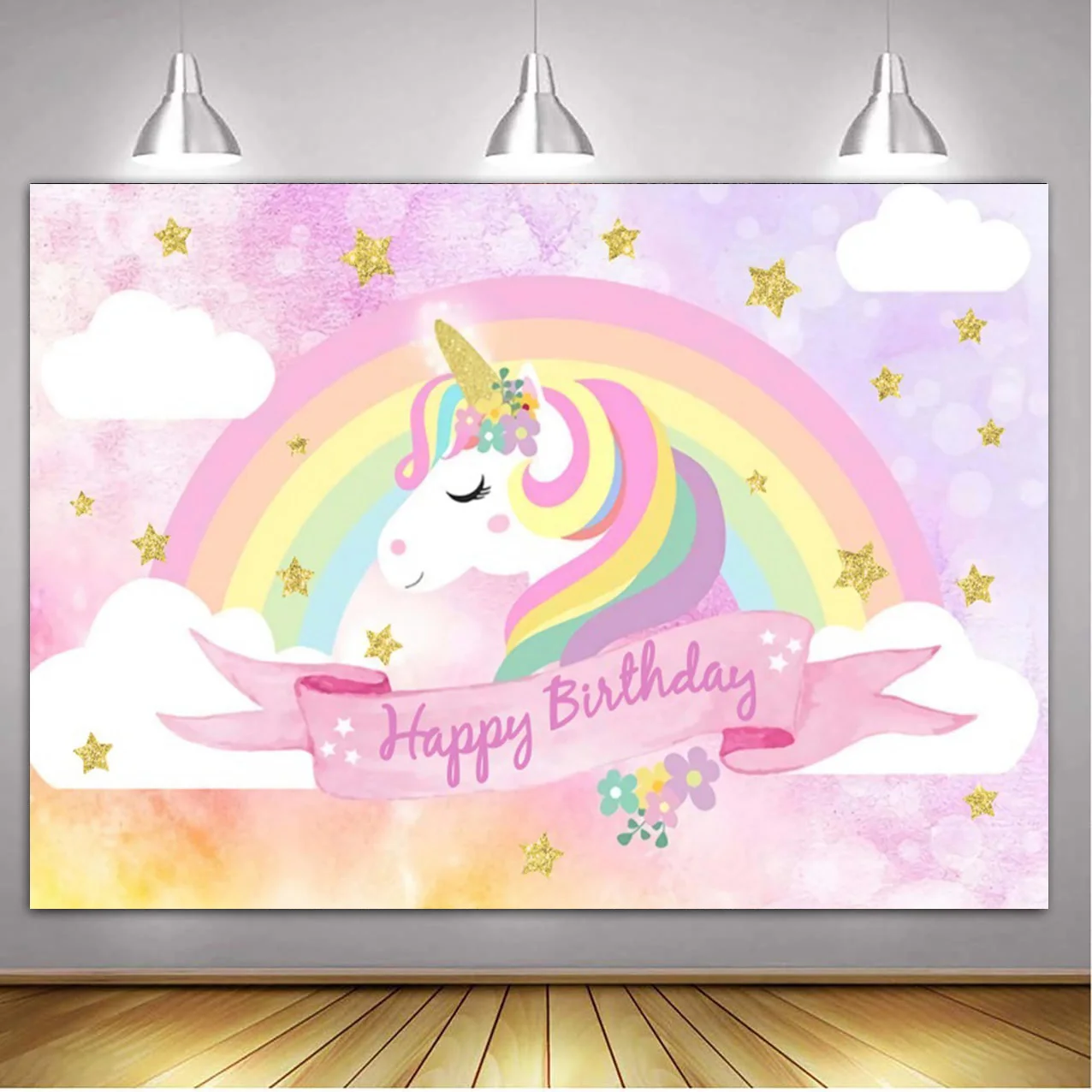 Rainbow Unicorn Backdrop for Girls Happy Birthday Party Decorations Watercolor Floral Glitter Stars Photography Background birthday backdrop party backdrop curtain party decoration photography props party supplies