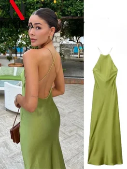 Spring Summer Women's Sleeveless Maxi Dress Satin Feel European American Style Sexy Banquet Evening Gown Clothing