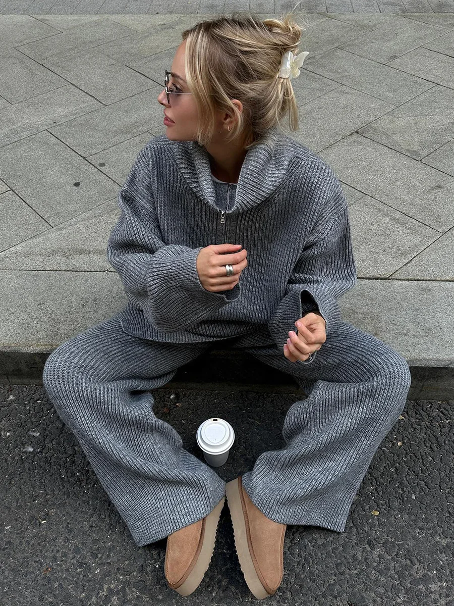 Wolfeel Women's New Autumn Winter Collared Half Zip Ribbed Knit 2-Piece Set Oversized Wide Leg Pants Fashion Sweater Suit