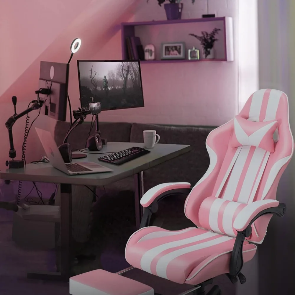 Pink Gaming Chairs with Footrest,Computer Game Chair,Massage Gaming Chairs,Christmas,Xmas Gift,PC Gaming Chairs гарнитура qumo game cat white pink