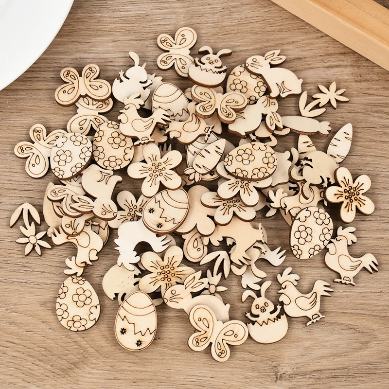 50/100 Stück Ostern Holzhandwerk Ornament Kaninchen Eier Kinder Malerei DIY Holzscheibe 2025, Frühling Ostern Party Home Tischdekoration
