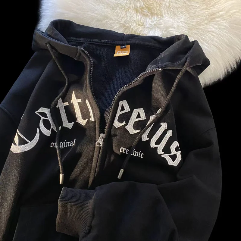

New Letter Embroidery Zipper Hoodies Women Oversized Loose Street Style Sweatshirt 2023 Harajuku Casual Couple Trend Y2K Top