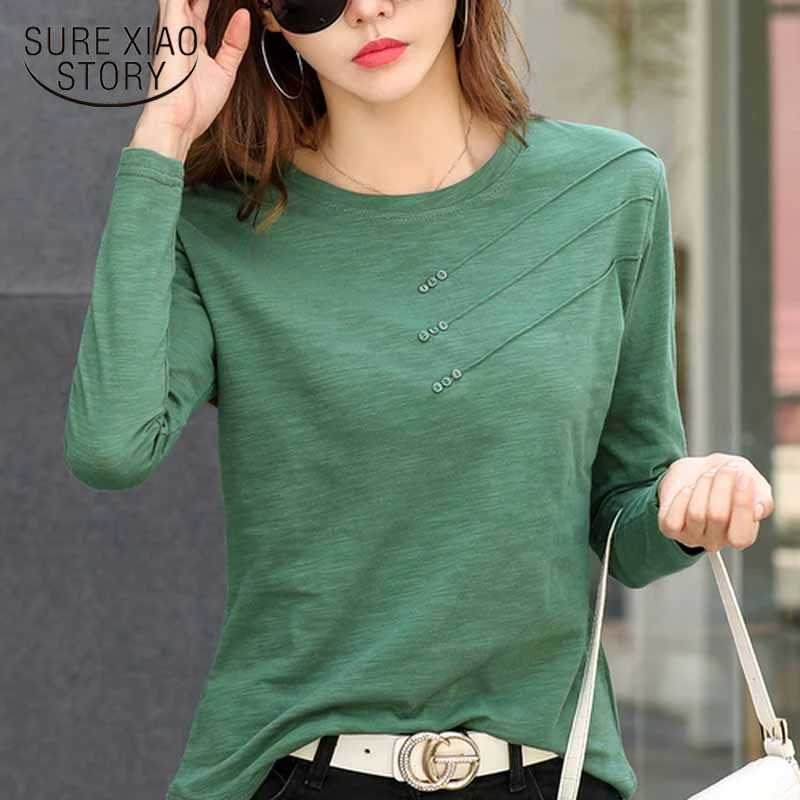 22ファッションoネック長袖シャツの女性は綿のtシャツ秋ソリッドルースすべてマッチオフィス女性韓国服 Tシャツ Aliexpress
