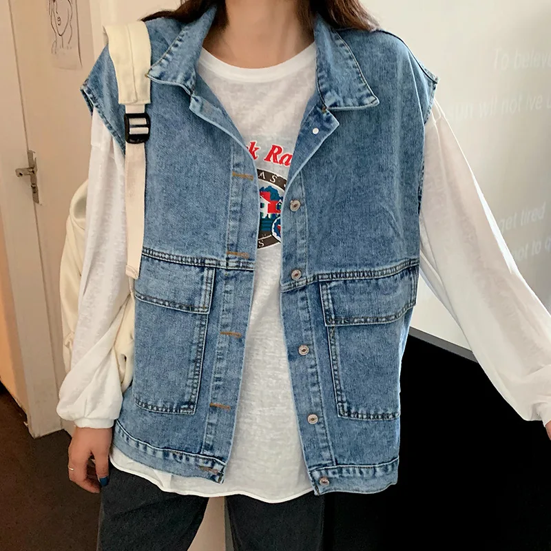 

2024 Spring Women's Outer Wear Denim Vest Loose New Big Pocket Lapels Vest