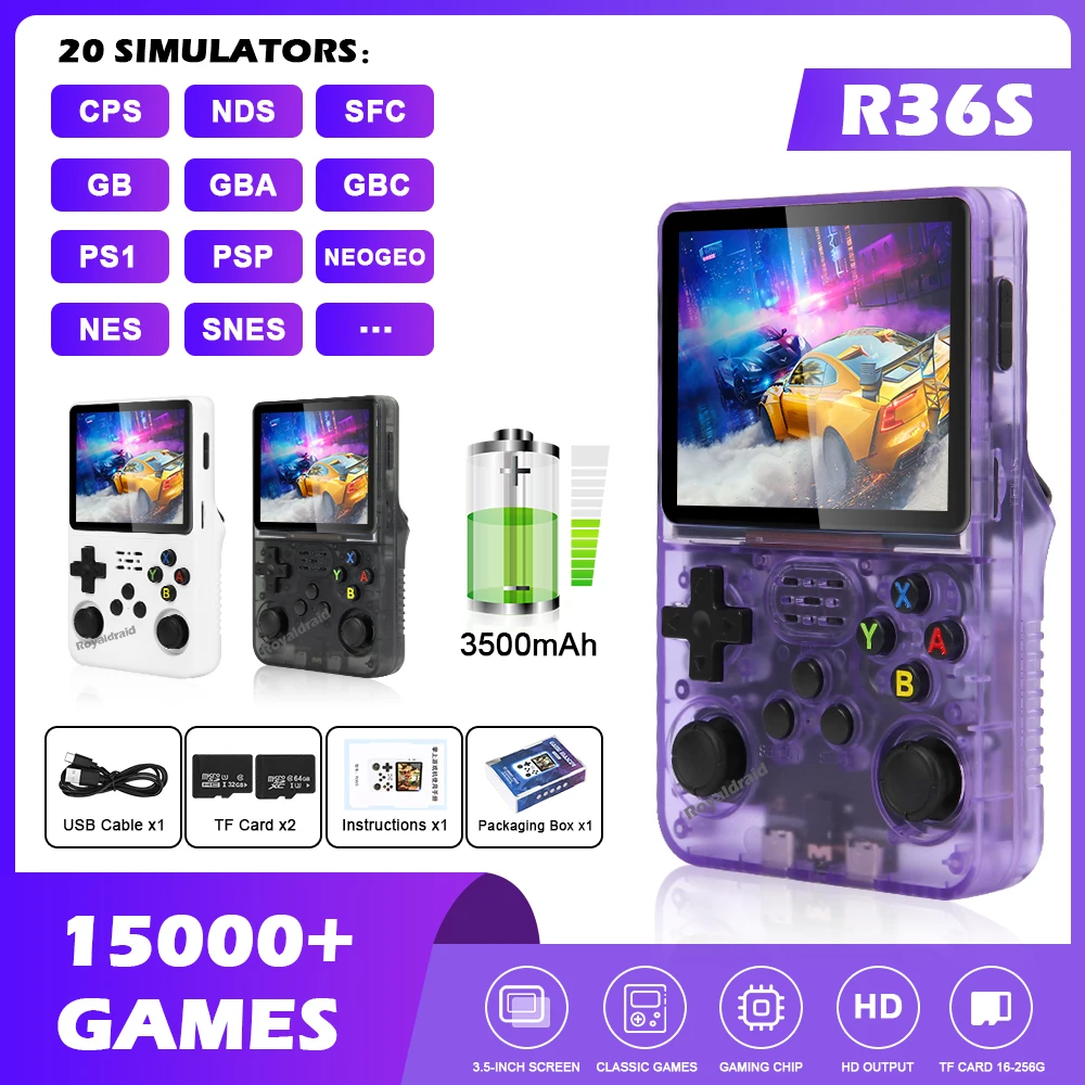 

Портативная игровая консоль R36S в стиле ретро, система Linux, 3,5 дюйма, IPS экран, портативный карманный видеоплеер, 64 ГБ, 15000 + игр, подарки для детей
