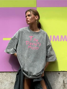 Fashion Womans Cotton Washed T-shirts The Devil's Moon Letter Prints Tops Casual O-Neck Oversize Tees Street Female Clothes 1