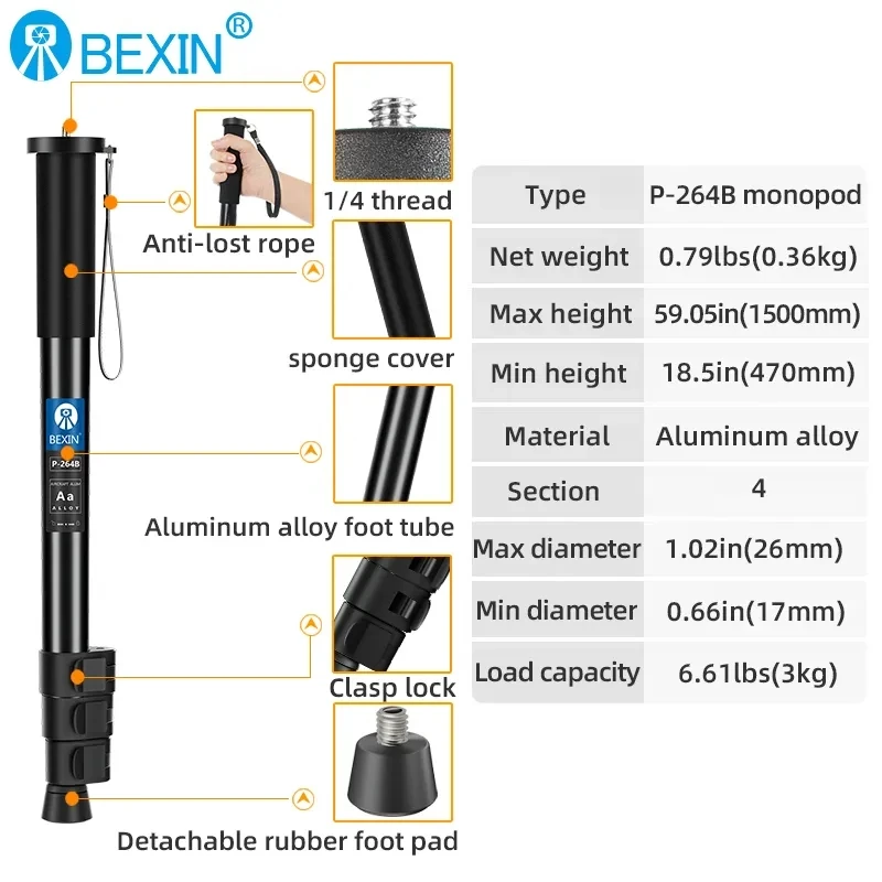 BEXIN P-264 시리즈 휴대용 카메라 모노포드 텔레스코픽 핸드헬드 셀카 어댑터 모노포드 (캐논, 니콘,  카메라, 휴대폰용)