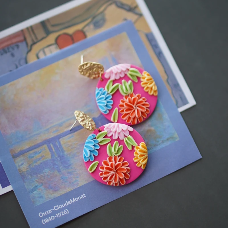Handmade Crafts Bohemian Floral Bright Solid Metal Top Multi Colors Polymer Clay Earrings Dangle Sets dangle earrings Party Gifts Holiday Wear