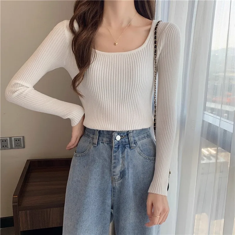 Frauen Grundlegende Solide Square-neck Pullover Hohe Qualität Slim Fit Beiläufige Gestrickte Pullover Herbst Winter Langarm Basis Schicht tops – Detail 21